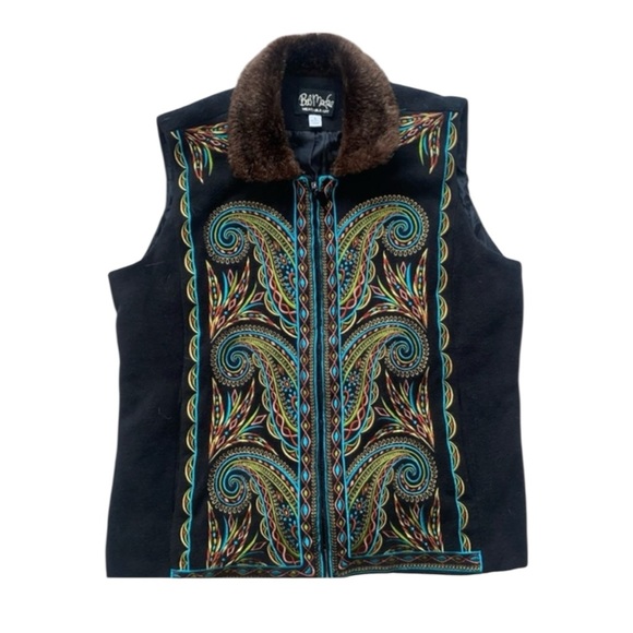 Bob Mackie Black and Brown Embroidered Vest with Fur Collar - Picture 1 of 6